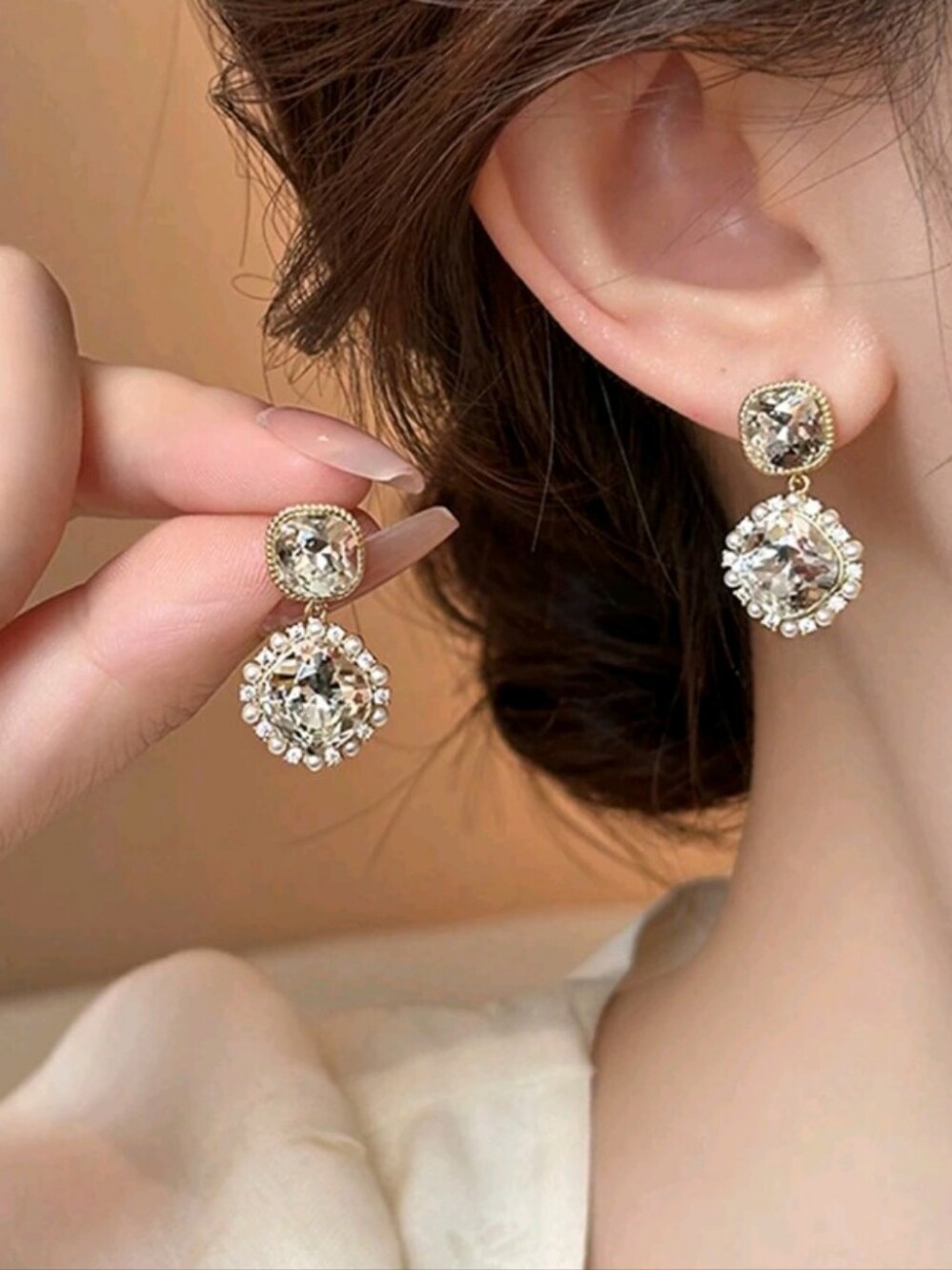 Elegant Clear Rhinestone Faux Pearl Golden Drop Earrings